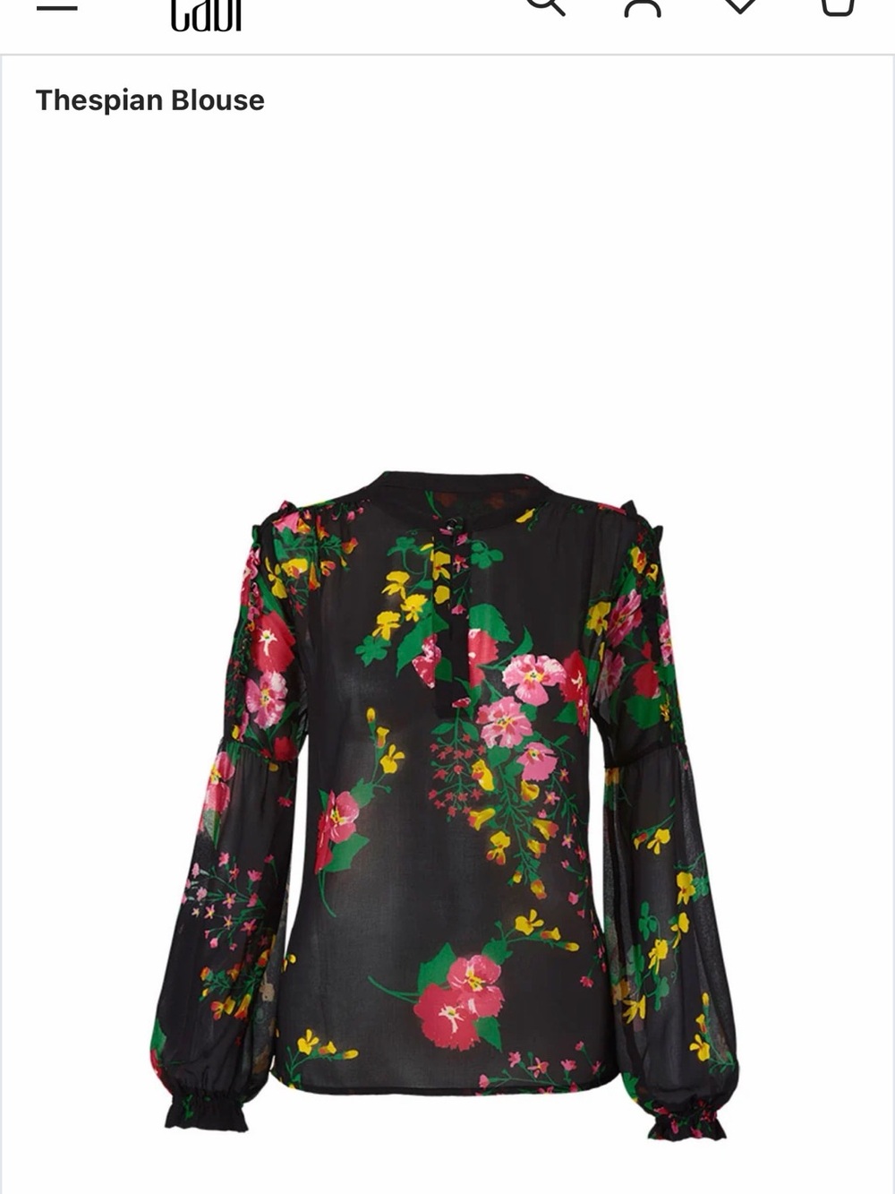 CAbi Thesbian Blouse- Black Sheer Floral Blouse with Pink and Green Accents